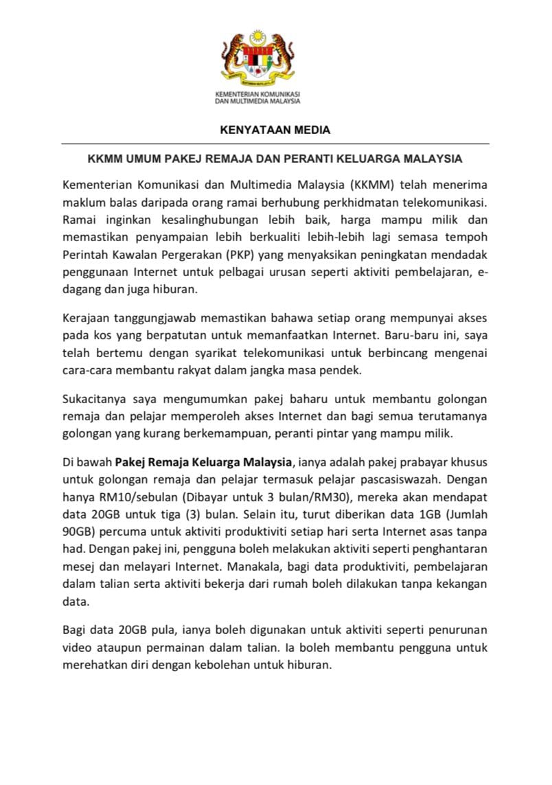 Akses Internet: KKMM Lancar Pakej Remaja Dan Peranti Keluarga Malaysia