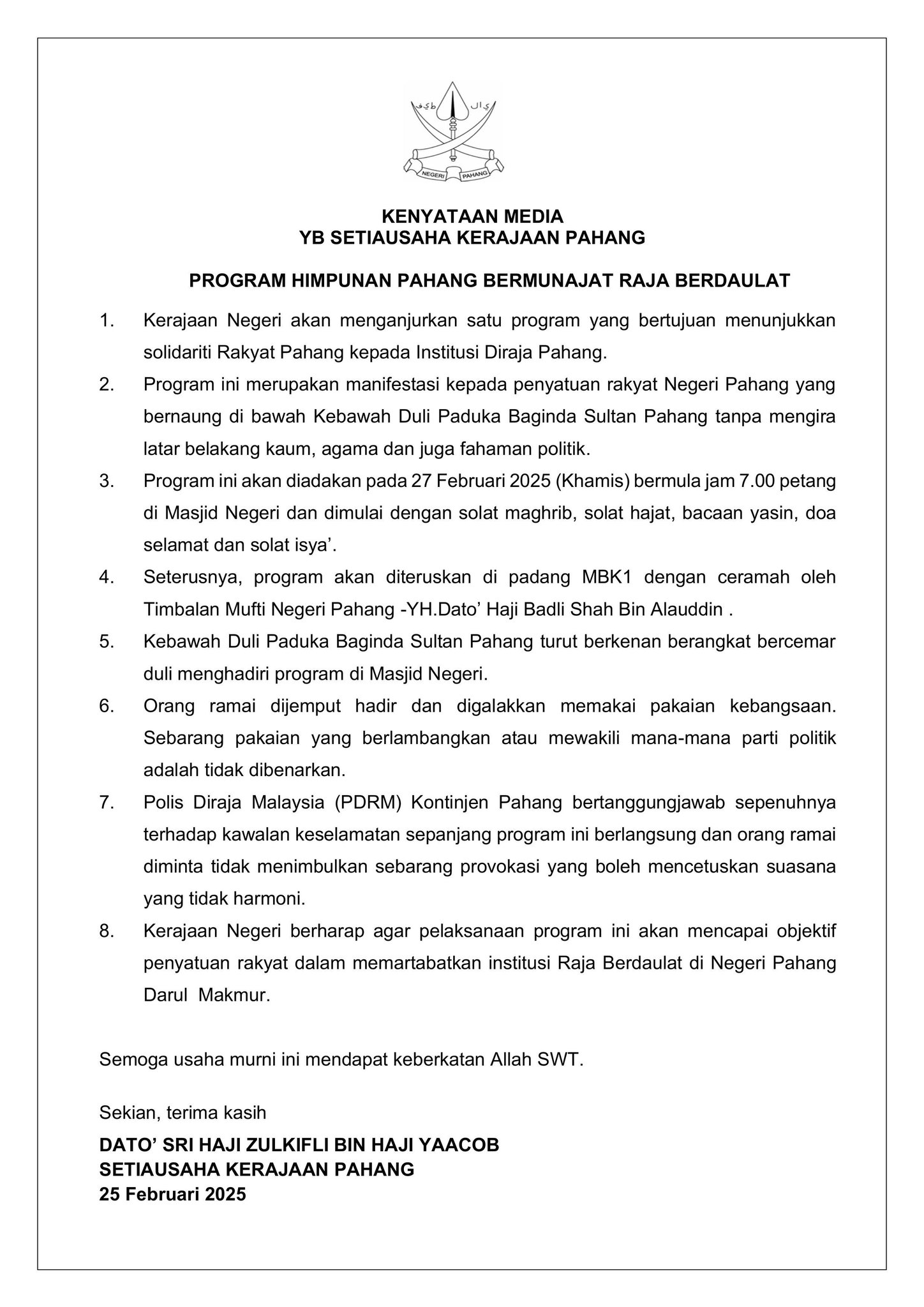 Program Pahang Bermunajat, Raja Berdaulat Tanda Solidariti Rakyat Kepada Institusi Diraja