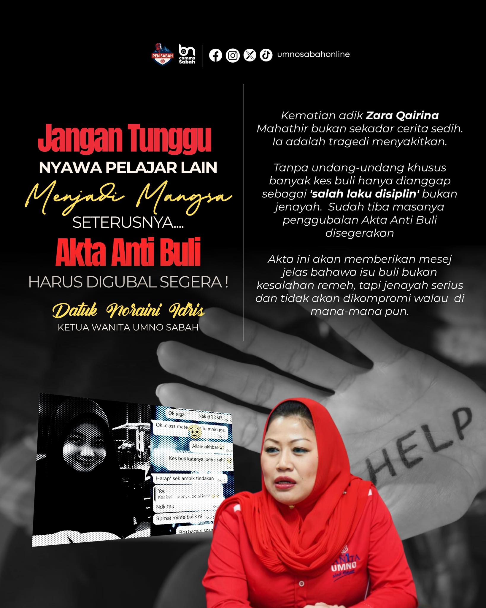 Akta Anti-Buli Perlu Digubal Segera – Ketua Wanita UMNO Sabah