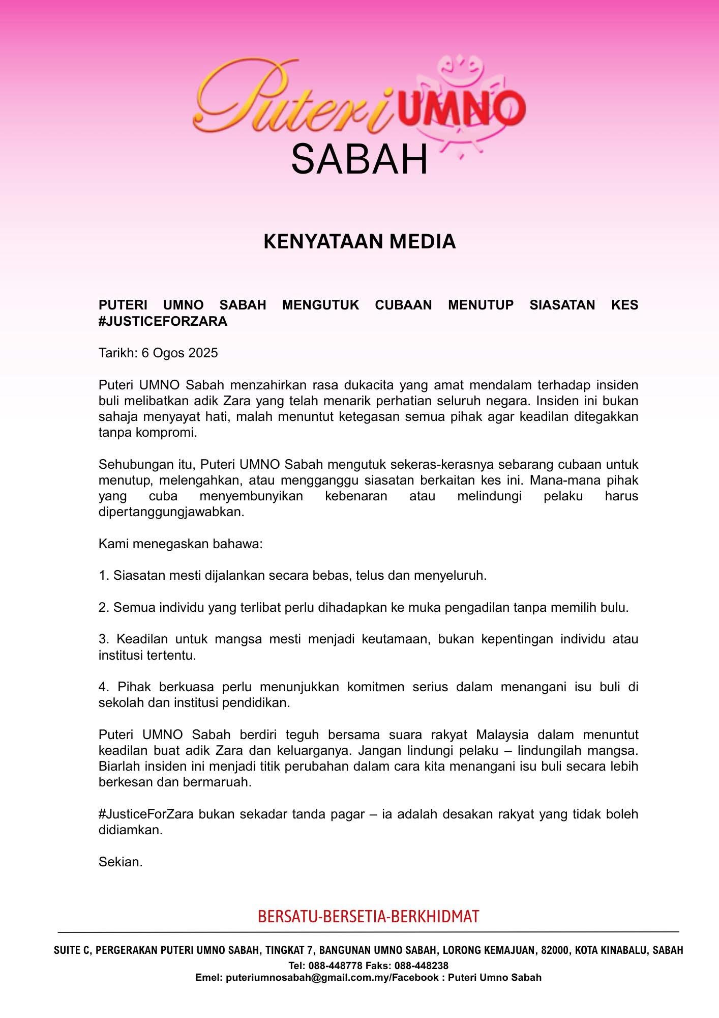 Puteri UMNO Sabah Kecam Insiden Buli: Tuntut Keadilan Buat Adik Zara