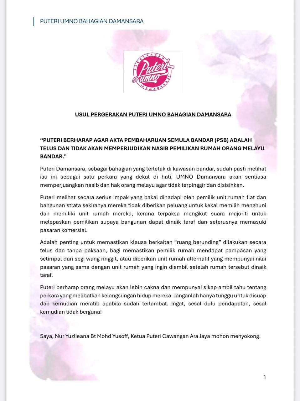 RUU URA: Puteri UMNO Damansara Suarakan Kebimbangan