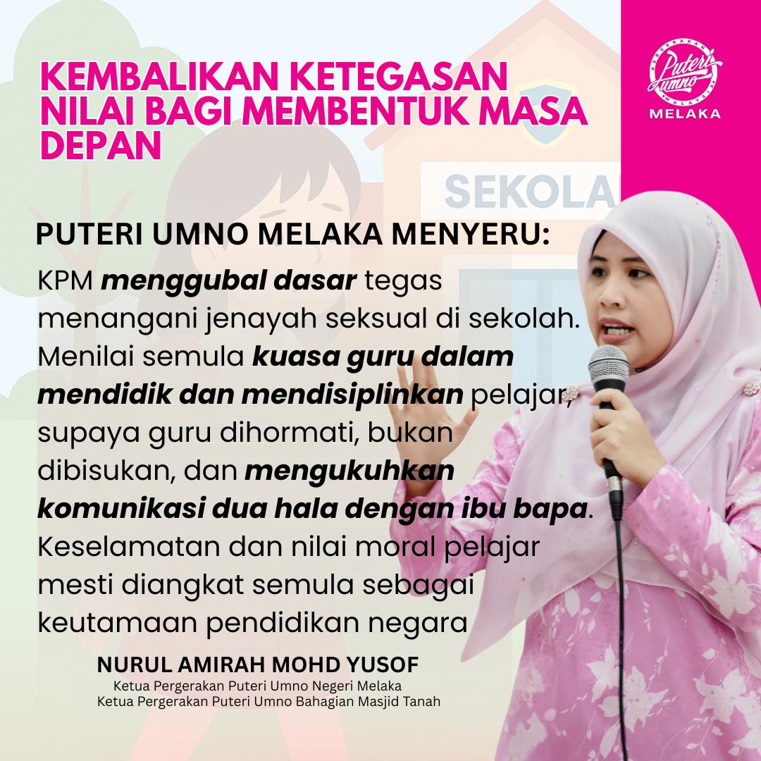 Antara Hak Dan Nilai: Puteri UMNO Melaka Gesa Kembalikan Ketegasan Dalam Didikan Anak Bangsa