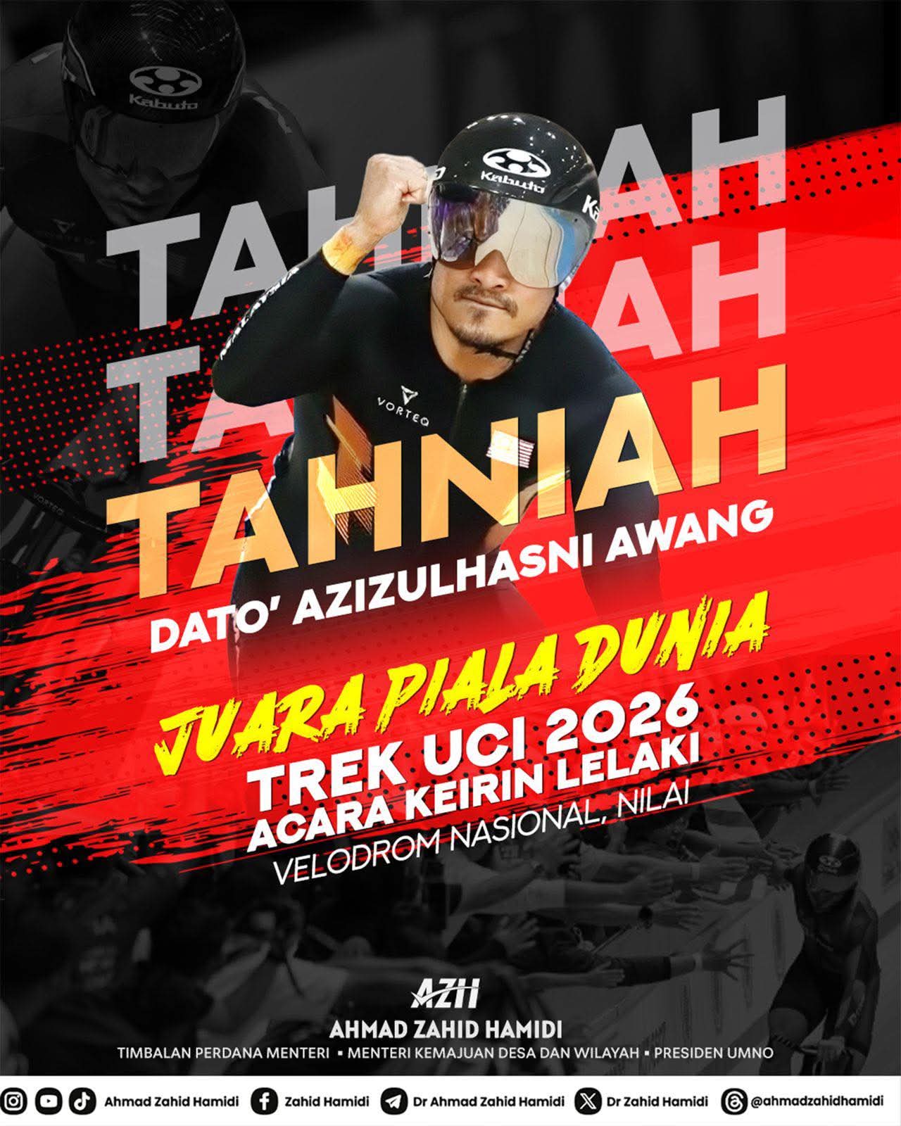 Ahmad Zahid Ucap Tahniah Kepada Azizulhasni Juara Piala Dunia Trek UCI 2026